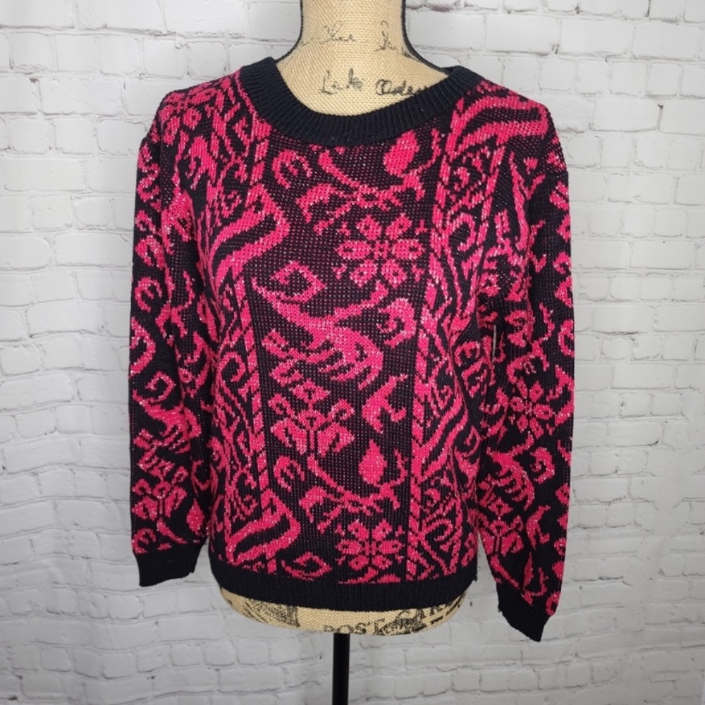 Vintage 80's Hot Pink Black Glitter Kawaii Grandma Sweater